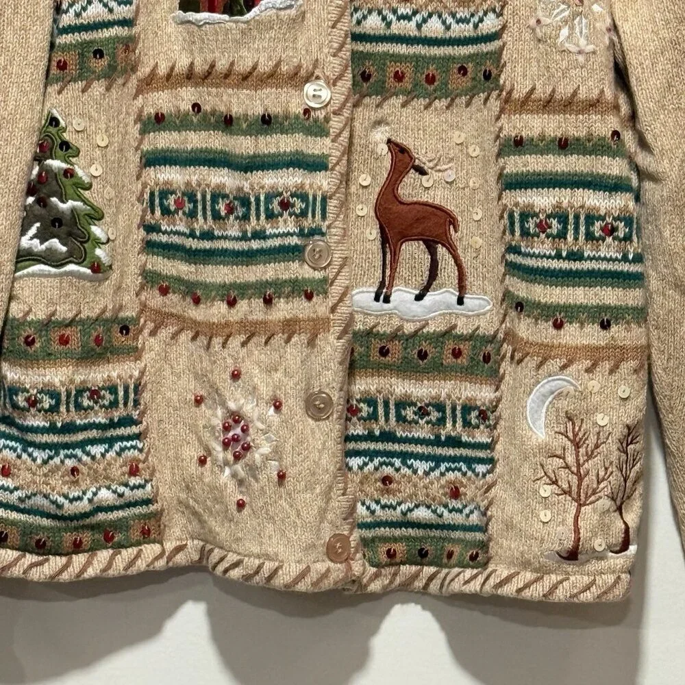 Crystal Kobe Embroidered Christmas Patchwork Tan Cardigan Sweater Womens Large